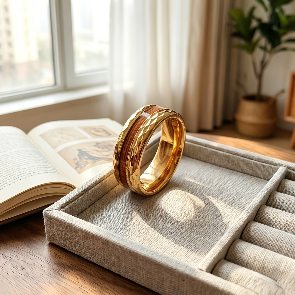Men's 18K Gold Plated Wood Grain Ring, Waterproof Design